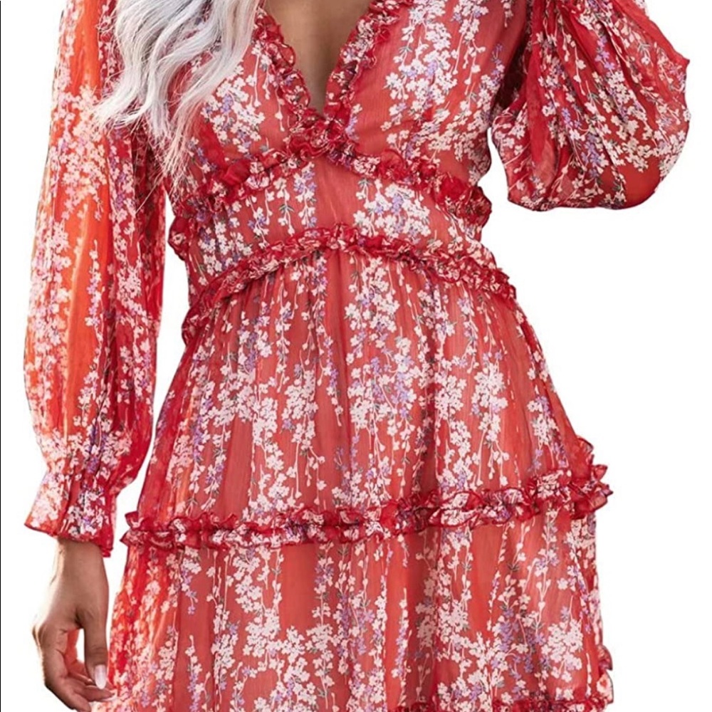 Dokotoo Womens Spring Summer Deep V Neck Ruffle Long Sleeve Floral Dress